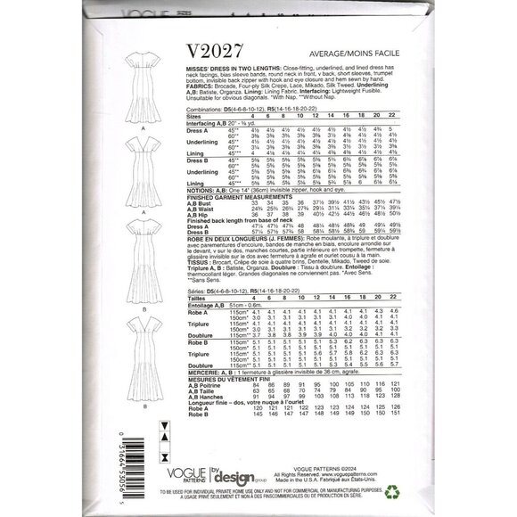Vogue V2027 Misses 4 to 12 Mermaid Dresses in Two Lengths Uncut Sewing Pattern - Picture 2 of 2